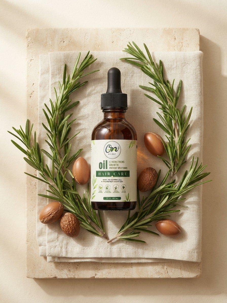 OilNat Herbal Growth Oil bottle on linen with fresh rosemary sprigs and argan nuts