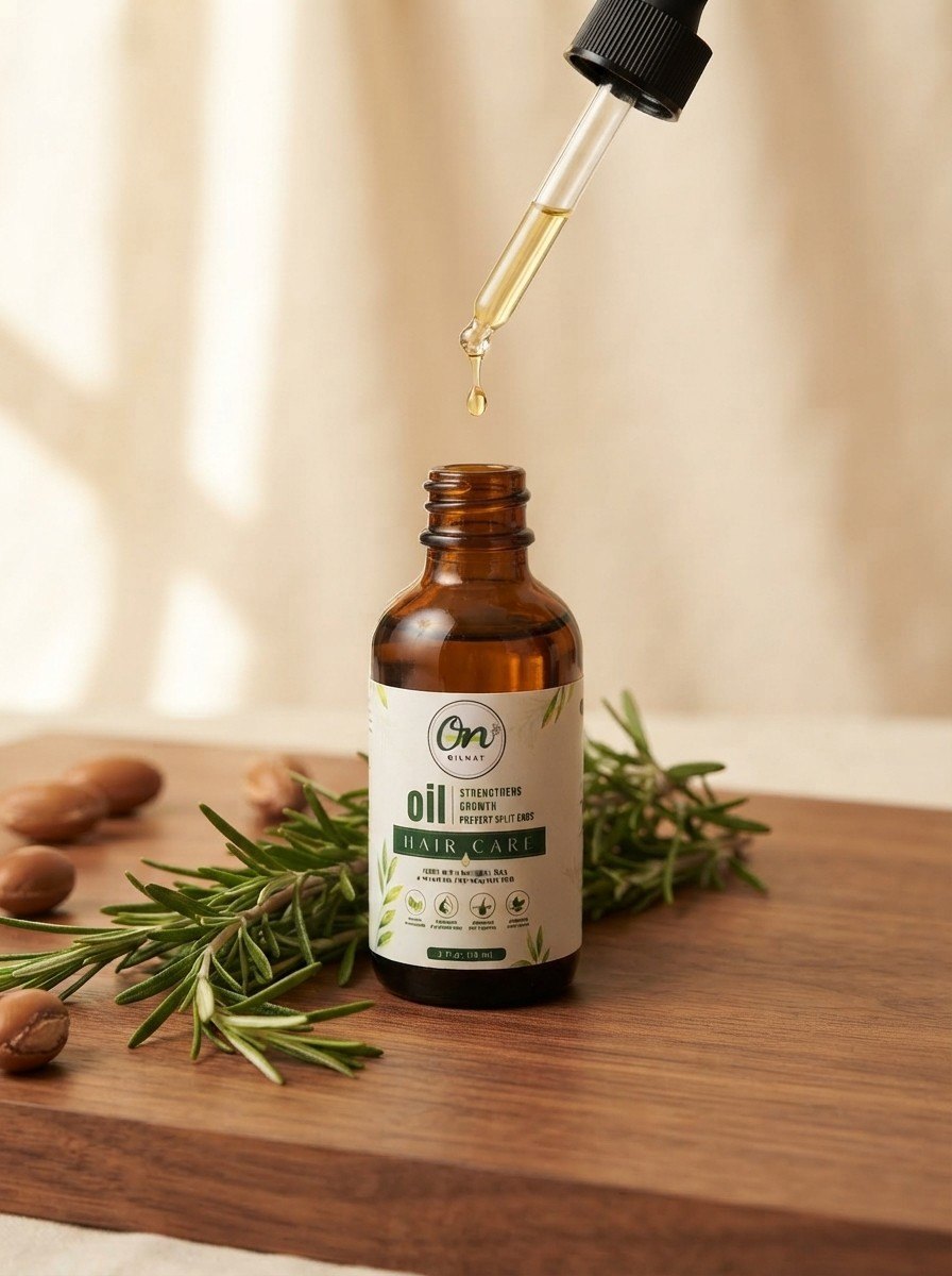 A drop of OilNat Herbal Growth Oil falling from the dropper into the open bottle, with rosemary and argan nuts on a walnut board